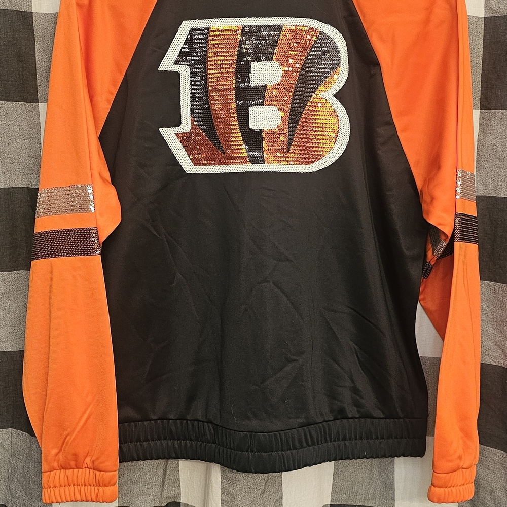 Women's Black and Orange Sequin NFL Cincinnati Bengals Varsity Jacket